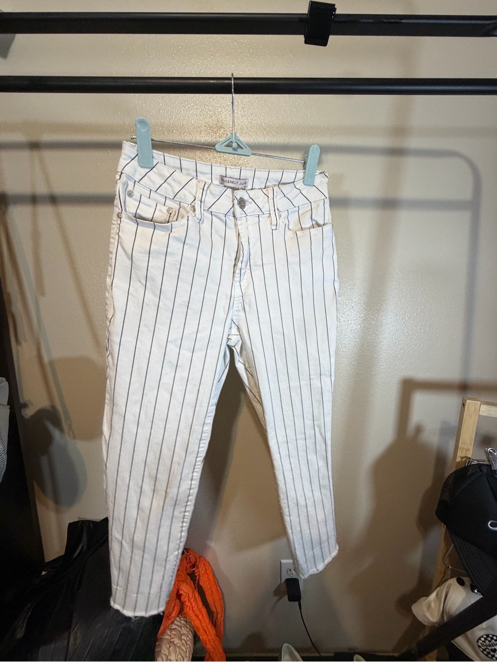 Sincerely Jules White Jeans with Navy Pinstripes - Ankle Crop